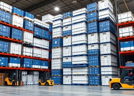 stacked HDPE containers, organized and ready for shipping, photorealistic, warehouse interior with steel shelves, highly detailed, forklifts moving materials, 4k resolution, white and blue, artificial lighting, shot with a 35mm lens