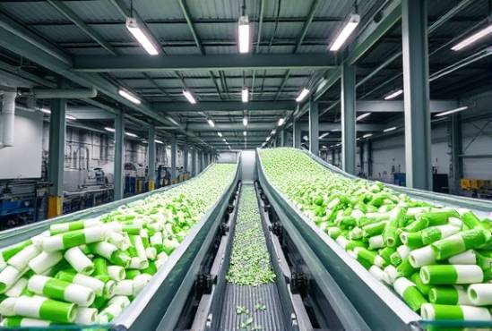 efficient HDPE recycling, active process, photorealistic, industrial recycling plant interior, highly detailed, conveyor belts moving materials, 4k resolution, grey and green, overhead fluorescent lighting, shot with a 50mm lens
