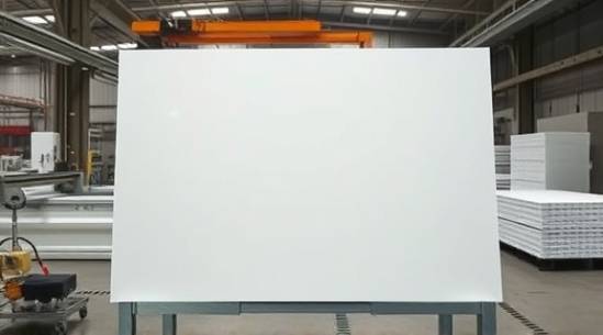 large HDPE sheets, uniformly cut, fabricated, photorealistic, factory floor with cutting machines, highly detailed, sheets being stacked, 4k resolution, translucent and white, ambient workshop lighting, shot with a 28mm lens