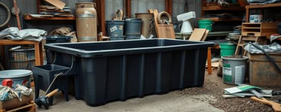 smooth HDPE material, robust, resting, photorealistic, surrounded by various recycled items in an eco-friendly workshop, highly detailed, subtle textures, deep black, ambient sunlight, shot with a wide-angle lens
