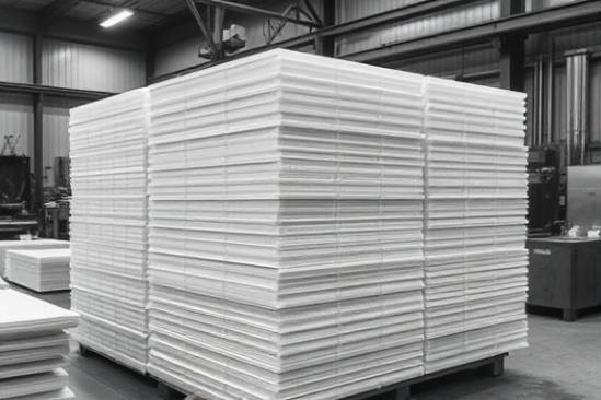 stacked polyethylene sheets, uniform alignment, neatly piled, photorealistic, set in an industrial workshop surrounded by metalworking tools, highly detailed, reflecting a precise structure, monochrome color palette, overhead fluorescent lighting, shot with an 85mm lens.