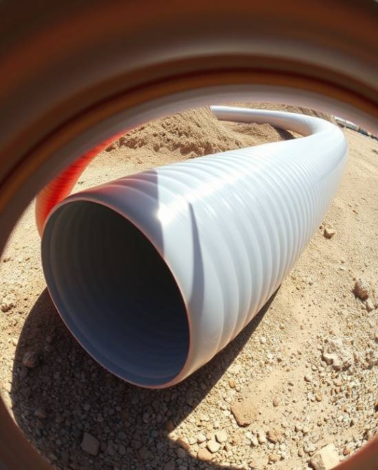 coiled polyethylene pipes, bending dynamically, captured in motion, photorealistic, laid across a construction site with gravel and dirt, highly detailed, showing stretching and flexing under pressure, vibrant colors, midday sun, shot with a fisheye lens.