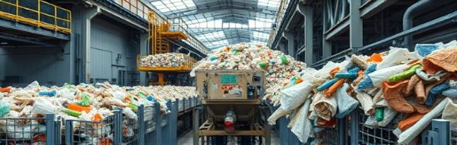 polyethylene recycling process, intricate system, actively compressing materials, photorealistic, inside a bustling recycling facility filled with conveyor belts and machines, highly detailed, capturing the transformation of waste to reusable forms, neutral tones, industrial lighting, shot with a wide-angle lens.