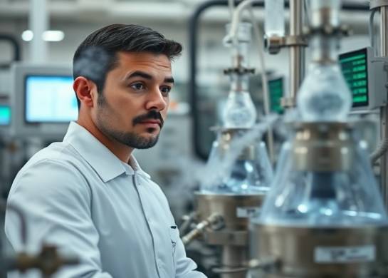 HDPE manufacturing, attentive expression, monitoring the process, photorealistic, in a high-tech laboratory setting with digital screens, highly detailed, swirling steam and chemical reactions, ultrafine rendering, white and steel, focus lighting, shot with a 100mm macro lens.