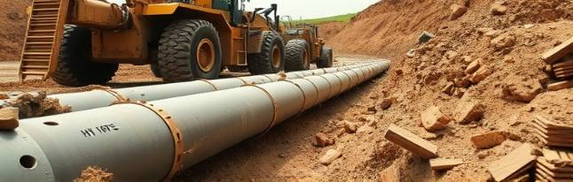 HDPE pipes, determined expression, being laid underground, photorealistic, alongside large construction machinery, highly detailed, earth and rubble displacement, precise focus, earthy and metallic, natural daylight, shot with a 35mm wide-angle lens.