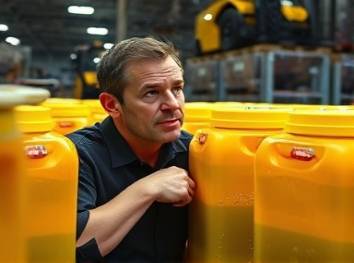 HDPE containers, thoughtful expression, being filled with liquid, photorealistic, in a bustling warehouse with forklifts and conveyor belts, highly detailed, liquid splashes and reflections, hyper-realistic textures, yellow and black, warehouse floodlighting, shot with an 85mm prime lens.