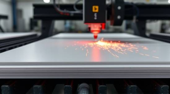 HDPE sheets, analytical expression, being cut to size, photorealistic, in a cutting-edge workshop with laser cutters, highly detailed, spark emissions and micro-fragments, super-resolution clarity, gray and red, bright overhead lighting, shot with a 70-200mm telephoto lens.