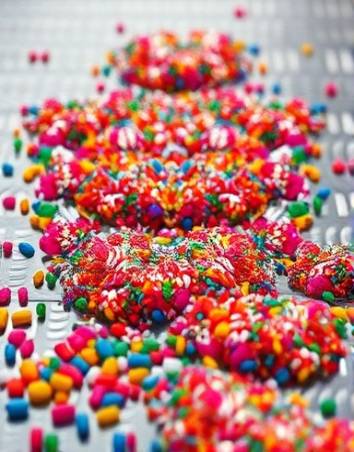 scattered polyethylene granules, a myriad of reflections, vibrant and dynamic, photorealistic, set against a plain industrial surface with granules in focus, highly detailed, tiny pieces casting shadows, extreme clarity, multicolored, crisp lighting, shot with a macro lens.