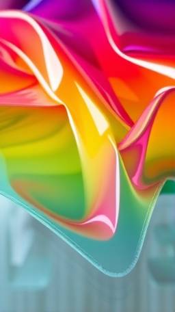 colorful polyethylene sheet, playfully reflecting, undulating softly, photorealistic, resting on a glass table with detail focus on transparency, highly detailed, pattern of reflections and shadows, crystal clear, rainbow hues, gentle artificial lighting, shot with a prime lens.