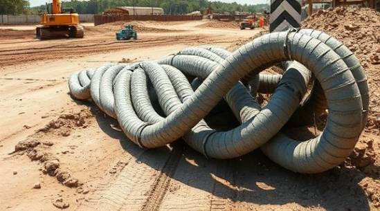 rugged polyethylene pipes, twisted, lying on a construction site, photorealistic, dirt and machine tracks on the ground, highly detailed, slight haze in the air, bright midday sunlight, shot with a wide-angle lens.