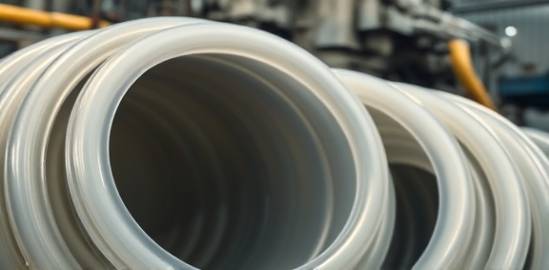 continuous polyethylene pipes, coiled, photorealistic, beside an industrial machine, highly detailed, small dust particles floating, shot in ambient indoors lighting, shot with a zoom lens.