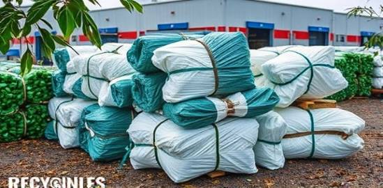 recycled polyethylene bundles, compact, awaiting processing, photorealistic, outdoors in a recycling facility yard, highly detailed, slight breeze moving leaves, shot in overcast conditions, shot with a telephoto lens.