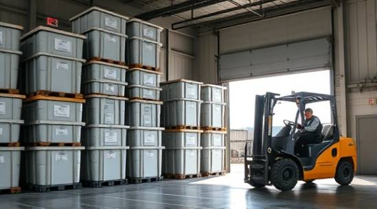 polyethylene containers, stacked, labeled and ready for shipping, photorealistic, inside a loading dock, highly detailed, forklift in motion passing by, natural daylight from open doors, shot with a 24-70mm lens.