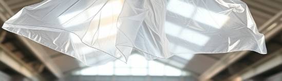 transparent polyethylene sheets, slightly wrinkled, fluttering with the wind, photorealistic, hanging from a high ceiling, highly detailed, subtle reflections, diffused sunlight streaming in, shot with a wide aperture.