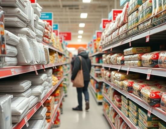 polyethylene packaging, sealed, ready on shelves, photorealistic, brightly lit retail store environment, highly detailed, shoppers passing by, bright artificial lighting, shot with a tilt-shift lens.
