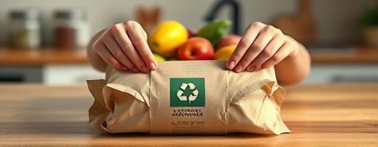eco-friendly packaging, sustainable, being unwrapped by a pair of hands, photorealistic, on a wooden kitchen counter with a bowl of fresh fruits in the background, highly detailed, with recyclable logo and symbol, earthy tones, soft morning light, shot with a 50mm lens