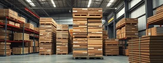 eco-friendly materials, versatile, being stacked in a warehouse ready for transportation, photorealistic, in a large industrial space with shelves and ambient tools, highly detailed, showing various patterns and finishes, muted colors, overhead industrial lighting, shot with a wide-angle lens