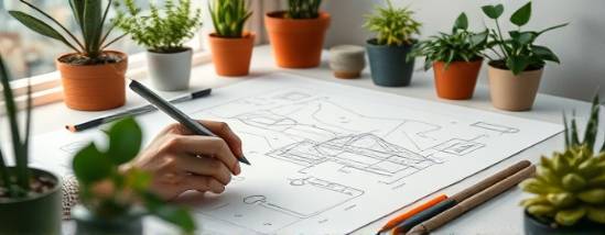 modern ecofriendly design, minimalist, being sketched by a designer, photorealistic, at a drafting table surrounded by potted plants and drawing tools, highly detailed, with intricate lines and annotations, neutral and earthy shades, subtle desktop lighting, shot with a close-up lens