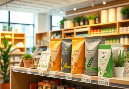 sustainable ecofriendly products, innovative, displayed on a shelf in a trending store, photorealistic, with a clean and modern interior background, highly detailed, showcasing variety and price tags, vibrant colors, well-lit by warm ambient lighting, shot with a 35mm lens