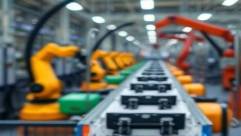 advanced ecofriendly plastic, versatile, being molded into a smartphone case, photorealistic, in a bustling factory with robotic arms and conveyor belts, highly detailed, focusing on material flexibility, bright colors, strong overhead lights, shot with a zoom lens