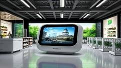 recyclable ecofriendly packaging, futuristic, used for an electronic device, photorealistic, in a tech-savvy showroom with digital displays, highly detailed, showcasing eco-labels, monochrome palette, focused spotlighting, shot with a standard lens