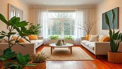 nature-inspired ecofriendly materials, organic, incorporated into home decor, photorealistic, in a cozy living room with wooden floors and leafy plants, highly detailed, each element finely crafted, natural colors, gentle evening lighting, shot with a wide lens